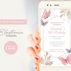 Colorful Butterfly birthday text invitation, floral butterfly e-invite, Canva phone invitation, Editable Elctronic Butterfly Invitation