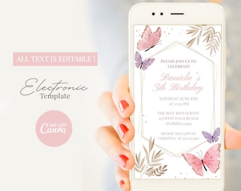 Bunter Schmetterling Geburtstagstext Einladung, Blumen Schmetterling e-invite, Canva Telefon Einladung, bearbeitbare elektronische Schmetterling Einladung