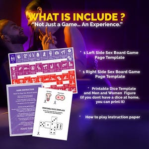 Op de afbeelding: Een spellenpakket met een bordspel met illustraties, spelinstructies en een afdrukbare dobbelstenen sjabloon. Het bordspel heeft rode, paarse en witte illustraties. De tekst "WHAT IS INCLUDE?" staat bovenaan de afbeelding.
