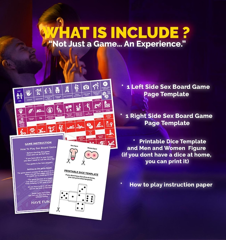 Op de afbeelding: Een spellenpakket met een bordspel met illustraties, spelinstructies en een afdrukbare dobbelstenen sjabloon. Het bordspel heeft rode, paarse en witte illustraties. De tekst "WHAT IS INCLUDE?" staat bovenaan de afbeelding.