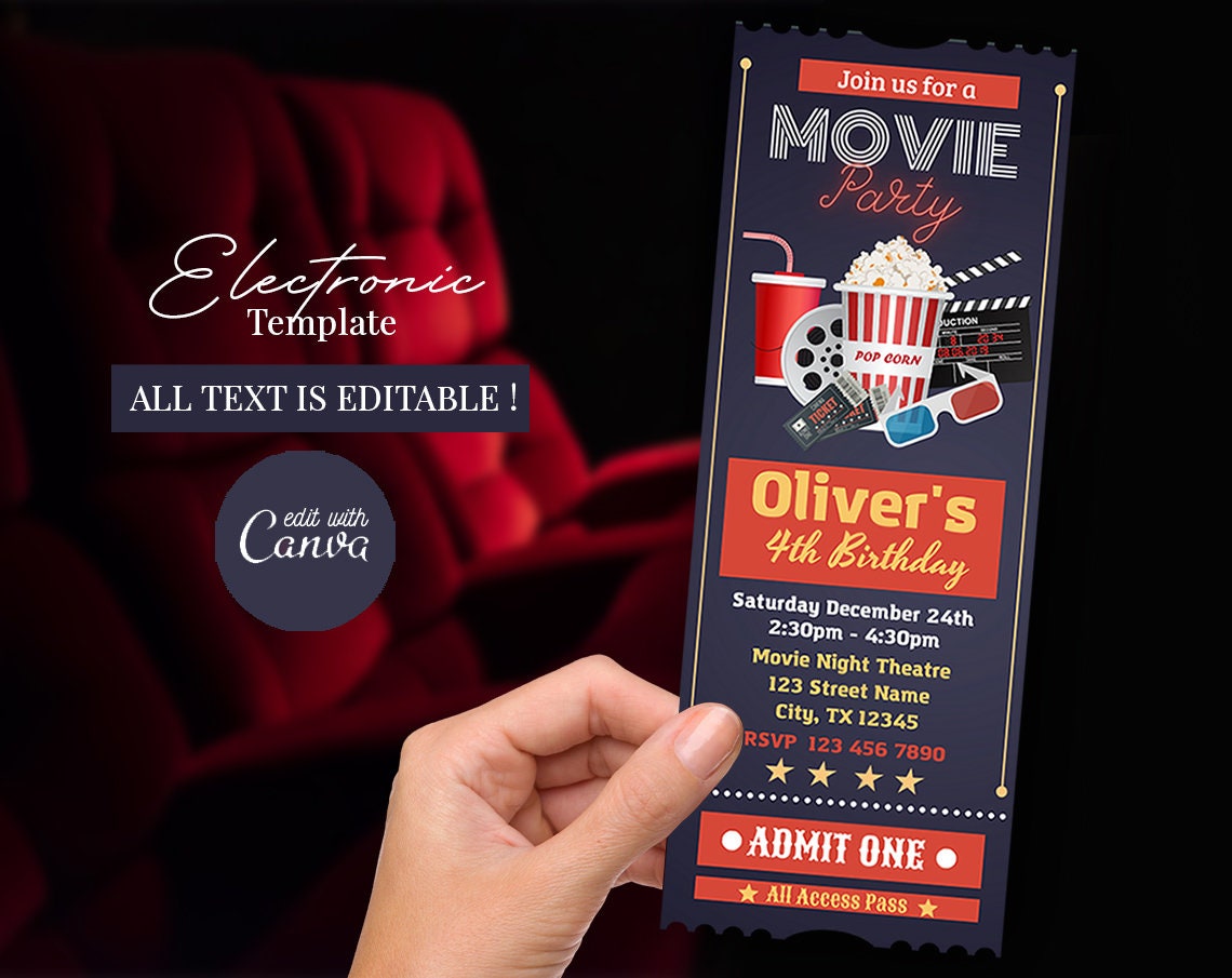 Editable Movie Ticket Invitation Template, Movie Night Ticket Child ...