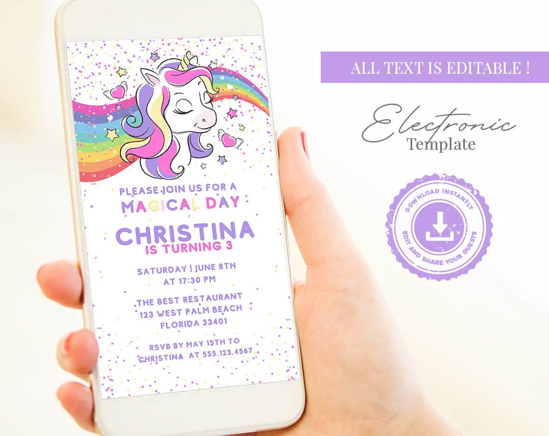 Editable Unicorn Birthday Invitation for Smartphone, Rainbow and ...