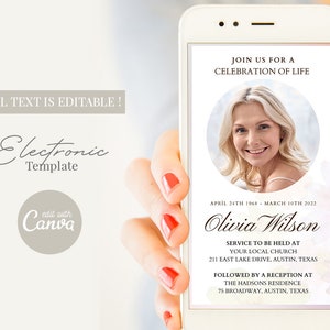 Electronic Funeral Announcement, Funeral Electronic Invitation for Smartphones, Electronic Celebration of Life invitation, Editable Evite