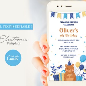 Editable Teddy Bear Electronic Birthday Invitation, Boy Birthday evite, Teddy Bear Digital Instant Download Birthday Party Template
