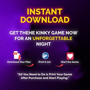 Op de afbeelding: Afbeelding voor digitale download met een paarse en gele gradi&euml;nt achtergrond. Tekst luidt "INSTANT DOWNLOAD" en "HAAL HET KINKY SPEL NU VOOR EEN ONVERGETELIJKE NACHT". Pictogrammen en tekst leiden gebruikers.
