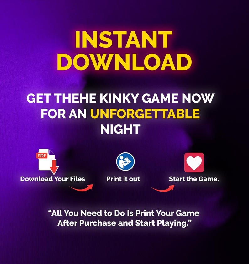 Op de afbeelding: Afbeelding voor digitale download met een paarse en gele gradi&euml;nt achtergrond. Tekst luidt "INSTANT DOWNLOAD" en "HAAL HET KINKY SPEL NU VOOR EEN ONVERGETELIJKE NACHT". Pictogrammen en tekst leiden gebruikers.