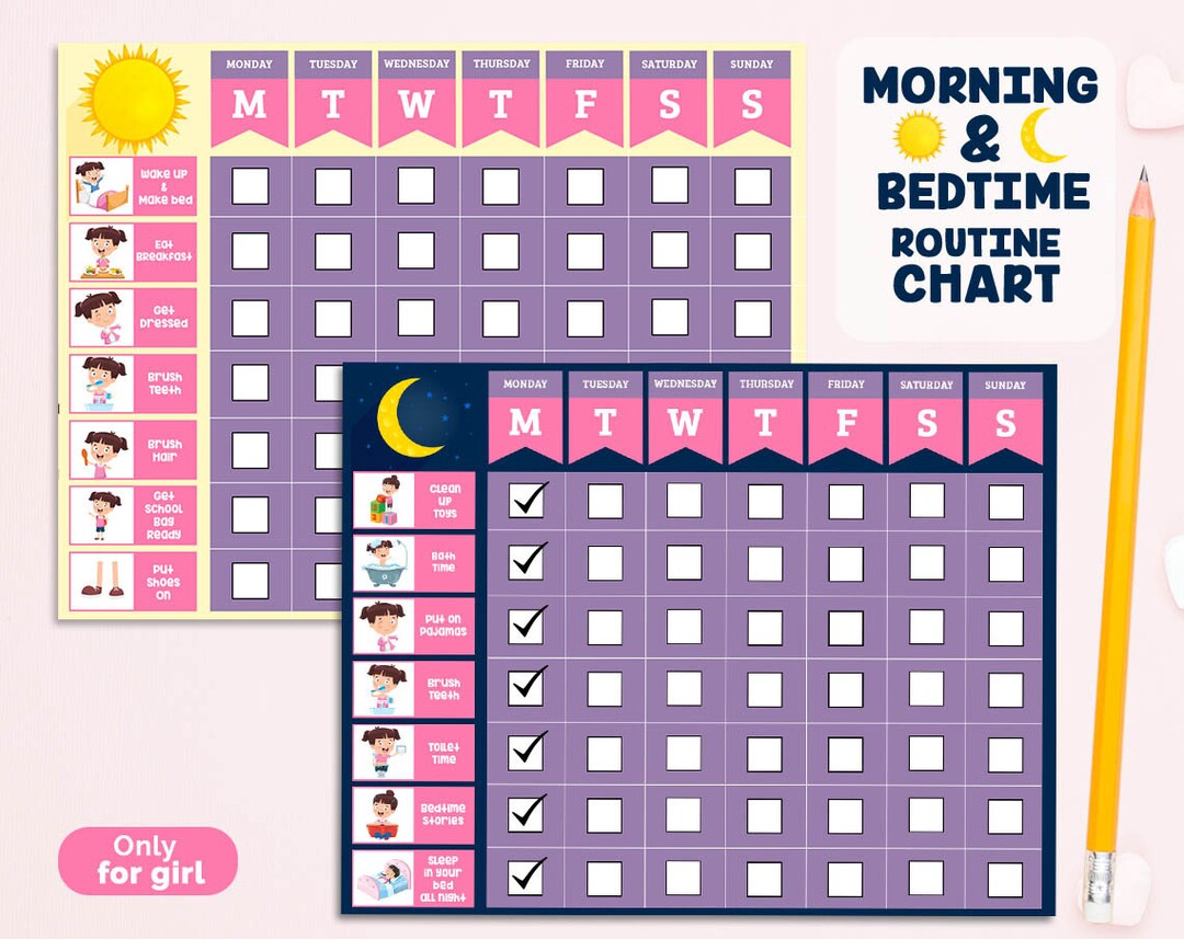 Printable Morning and Bedtime Routine Chart for Girl, Instant Download ...
