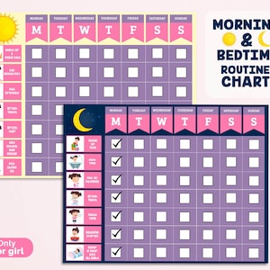 Printable Morning and Bedtime Routine Chart For Girl, Instant Download Daily Routine Checklist, Weekly Routine Schedule Chart For Girl