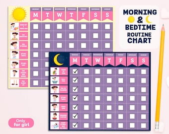 Printable Morning and Bedtime Routine Chart For Girl, Instant Download Daily Routine Checklist, Weekly Routine Schedule Chart For Girl