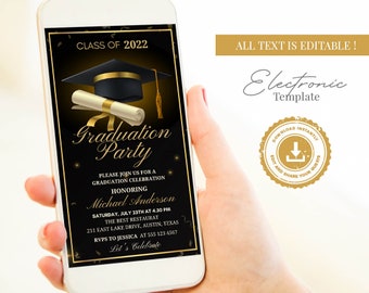 Bearbeitbare schwarze Graduierung Einladung, schwarz und Gold Graduation Party Telefon Text Evite, digitale sofortigen Download Grad Handy einladen