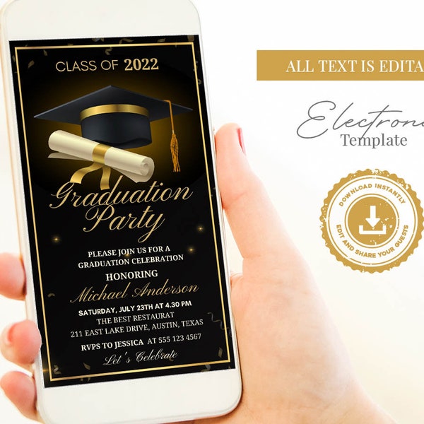 Editable Black Graduation Invitation, Black and Gold Graduation Party Phone Text Evite, Digital instant download grad mobile phone invite