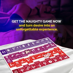 Op de afbeelding: Een bordspel met verschillende ge&iuml;llustreerde acties en de tekst "GET THE NAUGHTY GAME NOW and turn desire into an unforgettable experience." Het spelbord heeft rode, paarse en witte vierkanten met illustraties.