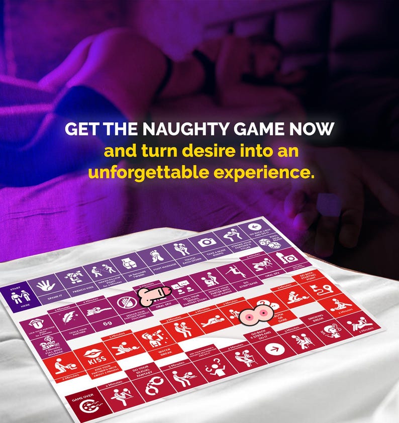 Op de afbeelding: Een bordspel met verschillende ge&iuml;llustreerde acties en de tekst "GET THE NAUGHTY GAME NOW and turn desire into an unforgettable experience." Het spelbord heeft rode, paarse en witte vierkanten met illustraties.