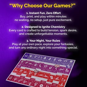 Op de afbeelding: Een bordspel met een paars en rood ontwerp, met illustraties en de tekst "Why Choose Our Games?" Het spel bevat instructies en illustraties voor koppels. Het spel is ontworpen om onvergetelijke momenten te cre&euml;ren.