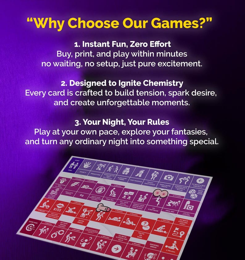 Op de afbeelding: Een bordspel met een paars en rood ontwerp, met illustraties en de tekst "Why Choose Our Games?" Het spel bevat instructies en illustraties voor koppels. Het spel is ontworpen om onvergetelijke momenten te cre&euml;ren.