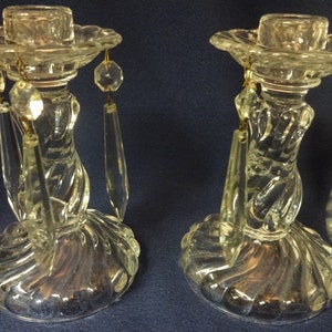 Colony Crystal Pair Candlesticks 6&quot; with Prisms Fostoria Glass Company