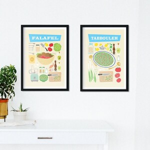 Falafel y Tabbouleh Conjunto de dos impresiones, carteles de pared de comida callejera, regalo del día de la madre, comida mediterránea y del Medio Oriente, arte pop retro