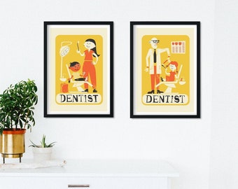 Set Of Two Original Dentist Posters, Custom Personalised Set Of Prints, Mid 50s Classic, Gifts Dental Student Mother Father Couple Christmas