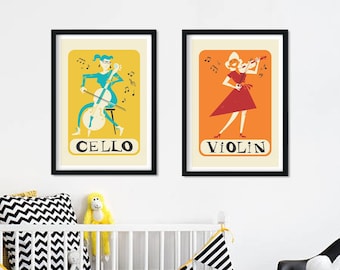 Cello and Violin Posters, Music Set of 2 Prints, Add Your Personalization, Gift Music Teacher, Living Room Nursery Kitchen, Wall Art Decor