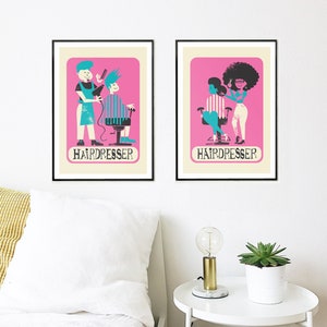 Juego de impresiones personalizadas de peluquería, agregue sus nombres favoritos, decoración de salón, carteles clásicos de mediados de los años 50, obras de arte originales de Lemon y Cello