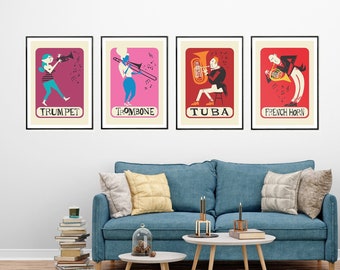 Set Of 4 Posters, Trumpet, Trombone, Tuba & French Horn, Color Of Your Choice, Christmas Hanukkah Prints Gift, Instruments Room Wall Decor