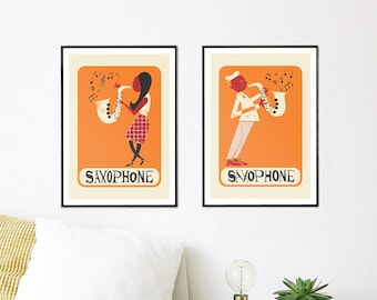 Set Of Two Saxophone Posters, Boy Girl Sax Players Wall Art, Jazz Music Prints, Personalised Names, Retro Wall Decor, Large Wall Decoration