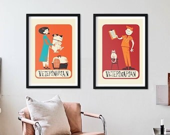 Set Of Two Veterinarian Prints, Graduation Student Gift, Personalize Colors & Names, Mid 50s Style Vintage, Couple Doctors Medicine Posters