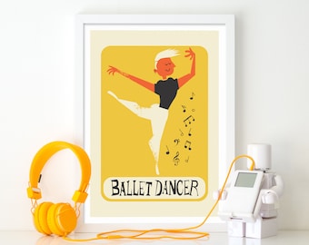 Male Ballet Dancer Artwork Poster, Dance Studio Decor, Dancing Room School Graduation Gift Print, Yellow Home Wall Decor, Fit Slim Boy Art