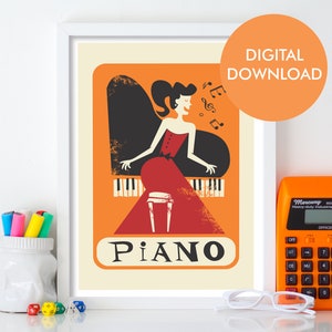 Gift for Musician, Piano Printable Gift Poster, Digital Download Mid 50s Pianist Print, Choose Colors, Keyboard Gallery Art, Teacher Student