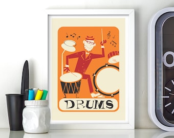 Drummer Player Vintage Retro Poster, Drums Music Room Print, Rock Music Gift, Gallery Wall Orange Red, Custom Children's Name, Gift for Him