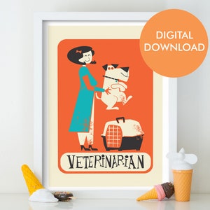 Printable Veterinarian Gift, Animal Vet Poster Caricature, Doctor Retirement Print, Instant Download Office Art, Gift For Female Coworker