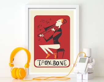 Unique Trombone Poster Gift, Custom Personalized Print For Musician, Valentine's Day Gift, Vintage Music Print, Mid Century Brass Instrument