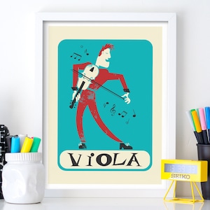 Viola Gift Poster, Personalized Classical Violinist Print, Gift for Musician, Blue & Red Artwork, Music Room Decor Mid 50s Vintage Style Art