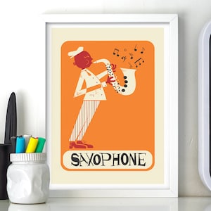 Impresión de saxofón, póster vintage de jugador de jazz, arte de pared de galería, decoración de oficina, regalo de música, cumpleaños, novio, rock, agregue su personalización