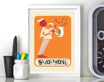 Saxophone Print, Jazz Player Vintage Poster, Gallery Wall Art, Office Decor, Music Gift Birthday Boyfriend Rock, Add Your Personalization