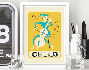 Cellist Vintage Poster Print, Girl Playing Music Instrument, Dorm Wall Decor, Personalized Name Of Your Choice, Birthday BFF Cello Gift Art
