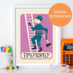 Firefighter Printable Poster, Locker Room Wall Decor, Digital Download Print, Fun Retro Style Graphic Illustration, Father’s Day Gift Art