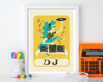 Dj Gift Poster, Gift for Musician, Mid Century Caricature, Art Drawing  Print, Choose Your Color, Gift Idea Sister From Brother, Fun Cartoon