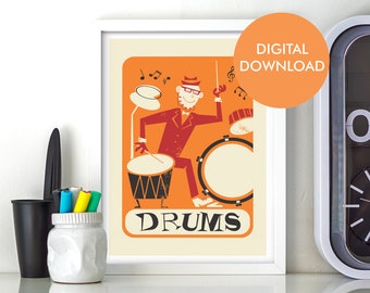 Drums Instant Download Poster, Gift Student Teacher Print, Printable Jazz Pop Rock Wall Decor, Music Lover Gift, Band Drummer Boyfriend Art