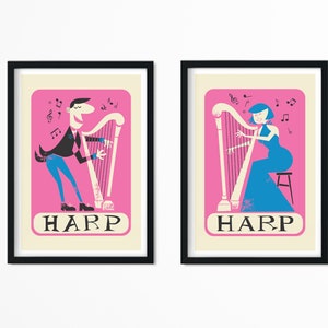 Set mit zwei Harfen-Drucken, lustige bunte Kinder-Schlafzimmer-Dekor, Retro-Mitte 50er Jahre Plakate, bestes Geschenk für Harfenistin, fügen Sie Ihre Lieblingsnamen-Studentengeschenk hinzu