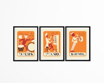 Set of 3 Music Posters, Retro Style Prints, Add Your Favourite Color, Drums Piano Saxophone, Living Room Wall Decor, Christmas Hanukkah Gift