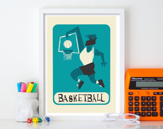 Affiche personnalisée de basket-ball, cadeau de sport pour garçon, basket-ball cadeau homme des cavernes, décoration murale de chambre d'adolescent homme des cavernes, fête des pères impression moderne vintage du milieu du siècle