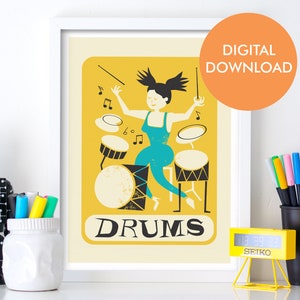 Girl And Drums Printable Poster, Gift Music Student, Drummer Instant Download Wall Decor, Girlfriend Band K-Pop, Music Lover Print Gift Art
