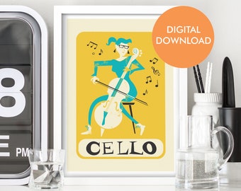 Cello Digital Download Poster, Dorm Wall Decor, Printable Mid 50s Gift Print, Cellist Teacher Student Gift, Personalized Studio Office Decor