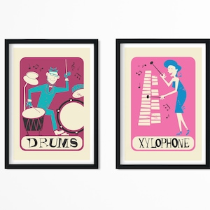 Set of Two Posters, Music Prints Xylophone and Drums, Add Your Favourite Names, Mid 50s Classic Art, Home Office Decor Art, Gift For Drummer