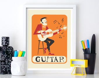 Guitar Player Poster, Color of Your Choice, Live Music Club Night, Mid Century Print Artwork, Apartment Decor, Birthday Teacher Student Gift