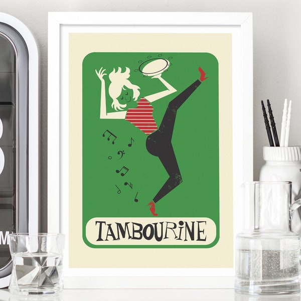 Tambourine Player Retro Poster, Custom Name And Colors, Gift for Her, Vintage Music Instrument Print, Gallery Room Wall Art Music Class Gift