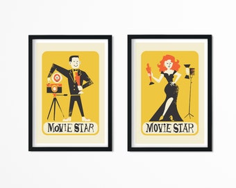 Set Of Two Movie Star Posters, Oscar Party Hollywood Lover, Mid Century Modern, Personalised Gifts, Actors Couple Christmas Set Of Prints