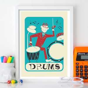 Póster de batería, regalo para amantes de la música, impresión personalizada para estudio de música, decoración de pared para oficina, divertido baterista de banda retro vintage.