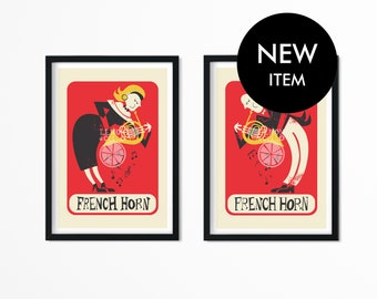 Set of French Horn Players Prints, Classic Music, Add Your Favorite Names, Fun Colorful Kids Decor, Retro Mid 50s Posters, Brass Instruments